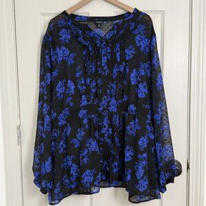 Torrid Blouse‎ Womens 5 Blue Black Whimsigoth Floral Sheer Dark Romantic Witchy